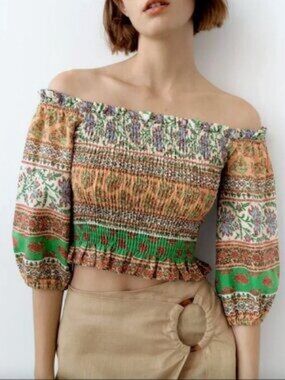 Zara Off-Shoulder Smocked Crop Top in Green and Orange